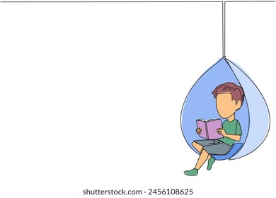 Continuous one line drawing boy sitting relaxed in a hanging chair reading a book. Spend the weekend reading favorite fiction story book. Love reading. Single line draw design vector illustration