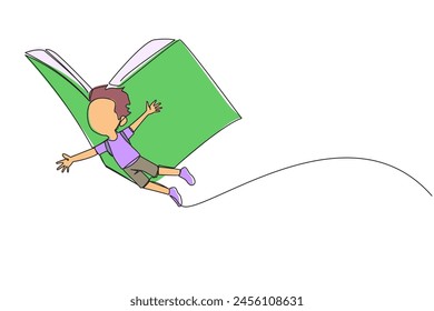 Continuous one line drawing boy flying with wings that come from an open big book. The metaphor carries over with the storyline. Constructive fantasy. Single line draw design vector illustration