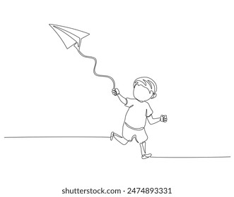 Continuous one line drawing of boy kid playing kite. One line drawing illustration of boy playing kite. Exciting outdoor game concept single line. Editable outline.