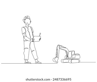 Continuous one line drawing of boy playing excavator by holding remote control. Single line drawing illustration of boy playing excavator toy. Remote control toy concept line art. Editable outline.
