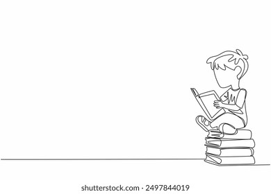Continuous one line drawing boy sitting relaxed reading on a pile of books with passion. Increase literacy by reading. National Read Across America Day. Single line draw design vector illustration