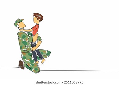 Continuous one line drawing a boy hugs his soldier father with army hat. Kneel. Stare intently with love. Releasing longing.  National Hug a G.I. Day. Single line draw design vector illustration