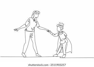 Continuous one line drawing boy bows hold mother's hand posing. Child treated like king. Mother treated like princess by child. National Single Parent Day. Single line draw design vector illustration