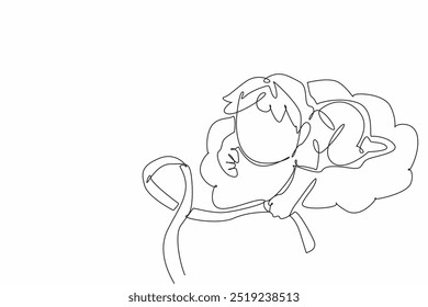 Uma linha contínua desenhando um menino dormindo de frente para baixo na fita de espera de nuvem. Sonhos e aspirações. Esperança e apoio. Dia Internacional do Câncer na Infância. Ilustração de vetor de design de desenho de linha única