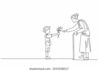 Continuous one line drawing a boy presents a flower to a smiling grandmother. Heartwarming. Full with love and appreciation. Random Acts of Kindness Day. Single line draw design vector illustration