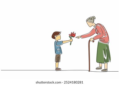 Dibujo continuo de una línea de un niño presenta una flor a una abuela sonriente. Reconfortante. Lleno de amor y aprecio. Actos aleatorios del Día de la Bondad. Ilustración vectorial de diseño de dibujo de línea única