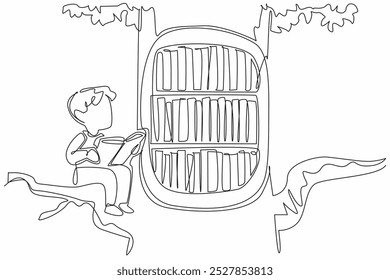 Continuous one line drawing a boy sit on big tree branch. Really enjoy reading book. Comic. Increase reading interest. International of Children Book Day. Single line draw design vector illustration