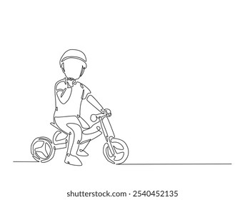 Continuous one line drawing of a boy riding tricycle. Toddler riding bike in single line draw vector illustration. Editable vector. 
