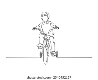 Continuous one line drawing of a boy riding tricycle. Toddler riding bike in single line draw vector illustration. Editable vector. 
