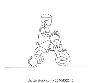 Continuous one line drawing of a boy riding tricycle. Toddler riding bike in single line draw vector illustration. Editable vector. 
