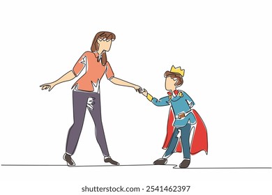 Continuous one line drawing boy bows hold mother's hand posing. Child treated like king. Mother treated like princess by child. National Single Parent Day. Single line draw design vector illustration