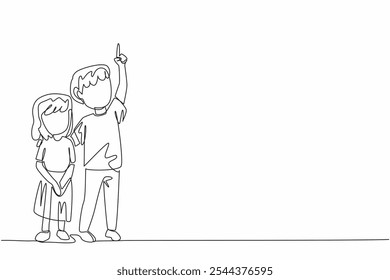 Continuous one line drawing a boy embraces little sister with his hands pointing up. Learn openly from nature. Counting the stars. Look Up at The Sky Day. Single line draw design vector illustration