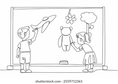 Continuous one line drawing a boy and a girl draw objects on a small blackboard. Developing creativity of children. Golden age. National Kindergarten Day. Single line draw design vector illustration