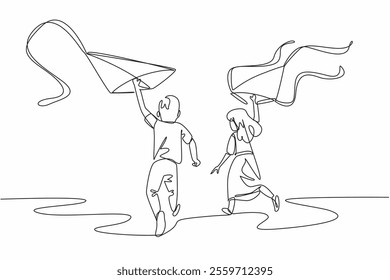 Continuous one line drawing a boy and a girl run while holding a kite. Decorative kites ready to be flown. Playing together. Holiday. Go Fly a Kite Day. Single line draw design vector illustration