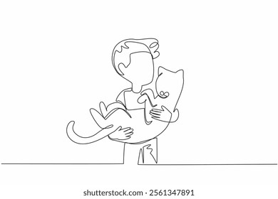 Continuous one line drawing boy holding cat. A positive attitude and gesture that is contagious to animals. Close friendship. National Kids and Pets Day. Single line draw design vector illustration