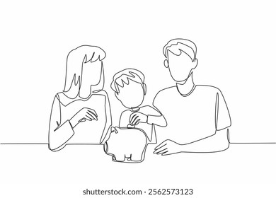 Continuous one line drawing boy putting coins into piggy bank. Teaches frugal living and liking to save. Future bright. National Teach Children to Save Day. Single line draw design vector illustration