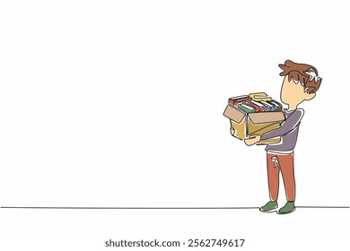 Continuous one line drawing a boy carrying cardboard box containing a pile of books. Packaged to be submitted to reading house. National Donate a Book Day. Single line draw design vector illustration