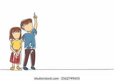 Continuous one line drawing a boy embraces little sister with his hands pointing up. Learn openly from nature. Counting the stars. Look Up at The Sky Day. Single line draw design vector illustration