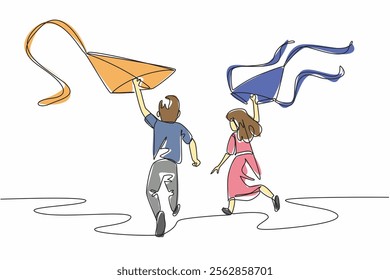 Continuous one line drawing a boy and a girl run while holding a kite. Decorative kites ready to be flown. Playing together. Holiday. Go Fly a Kite Day. Single line draw design vector illustration