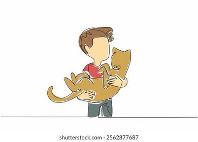 Continuous one line drawing boy holding cat. A positive attitude and gesture that is contagious to animals. Close friendship. National Kids and Pets Day. Single line draw design vector illustration