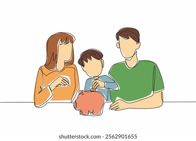 Continuous one line drawing boy putting coins into piggy bank. Teaches frugal living and liking to save. Future bright. National Teach Children to Save Day. Single line draw design vector illustration