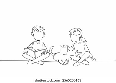 Continuous one line drawing a boy and girl sitting cross legged on the floor and boy is reading a book to cat. The cat lover. National Pet Parents Day. Single line draw design vector illustration