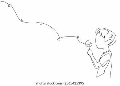 Continuous one line drawing boy holds a dandelion and blows on it so that the flakes fly. Pray and float the hopes into the sky. Dream. World Wish Day. Single line draw design vector illustration