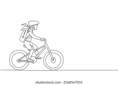 Continuous one line drawing a boy riding a bicycle while carrying a bag and wearing a helmet. Safety first. Morning spirit. National Bike to School Day. Single line draw design vector illustration