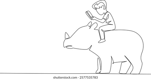 Continuous one line drawing boy reading book on cute rhinoceros. Read about one of the largest remaining megafauna. Nerd. Boy Reading Book at Animal Back. Single line draw design vector illustration