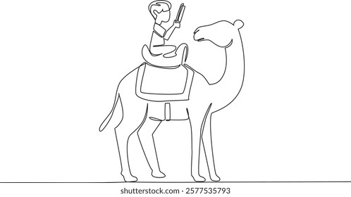 Continuous one line drawing boy reading book on cute camel. Find out main function of the camel hump. Learning from nature. Boy Reading Book at Animal Back. Single line draw design vector illustration