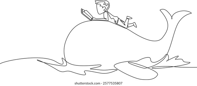 Continuous one line drawing the boy reading book on cute whale swimming. Learning the philosophy of whale life from books. Boy Reading Book at Animal Back. Single line draw design vector illustration