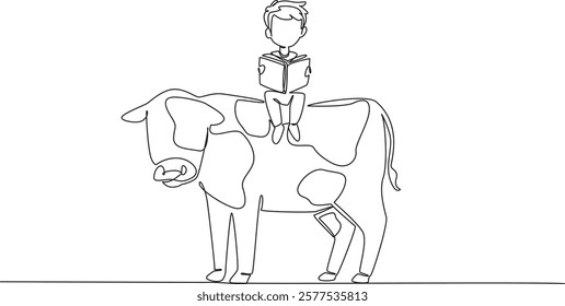 Continuous one line drawing boy reading book on cute cow. Learning the tastiest part of a cow. Deliciousness. The nerd. Boy Reading Book at Animal Back. Single line draw design vector illustration