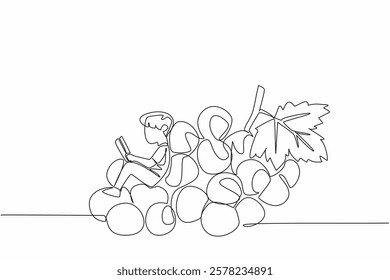 Continuous one line drawing boy reading on a pile of grapes. Find out properties of grapes based on their color. Boy Reading Book at Vegetables and Fruits. Single line draw design vector illustration