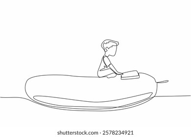 Continuous one line drawing boy reading on cucumber. Reading on a giant cucumber shaped pillow. Calm and focused. Boy Reading Book at Vegetables and Fruits. Single line draw design vector illustration