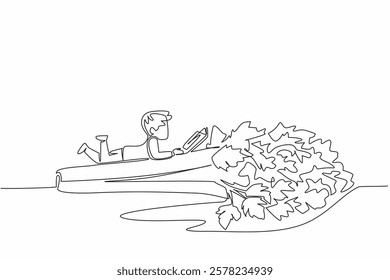 Continuous one line drawing boy reading on celery. Reading while lying on the stomach. Meaningful relaxation. Boy Reading Book at Vegetables and Fruits. Single line draw design vector illustration