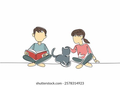 Continuous one line drawing a boy and girl sitting cross legged on the floor and boy is reading a book to cat. The cat lover. National Pet Parents Day. Single line draw design vector illustration