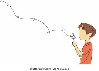 Continuous one line drawing boy holds a dandelion and blows on it so that the flakes fly. Pray and float the hopes into the sky. Dream. World Wish Day. Single line draw design vector illustration