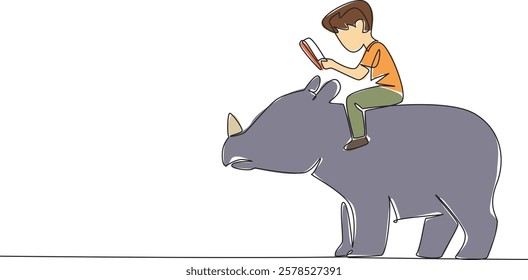 Continuous one line drawing boy reading book on cute rhinoceros. Read about one of the largest remaining megafauna. Nerd. Boy Reading Book at Animal Back. Single line draw design vector illustration