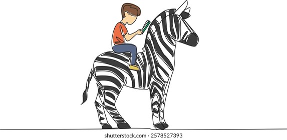 Continuous one line drawing the boy reading book on cute zebra. Seeking knowledge about the causes of zebra striped skin. Boy Reading Book at Animal Back. Single line draw design vector illustration