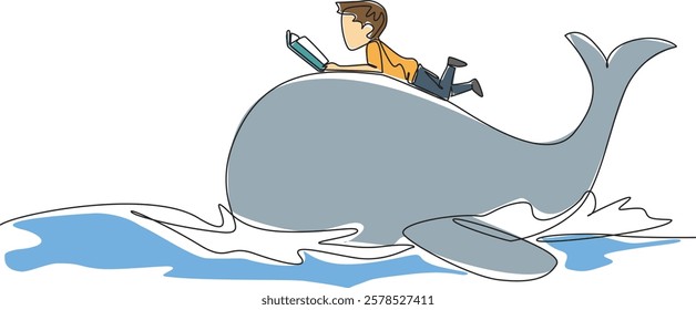 Continuous one line drawing the boy reading book on cute whale swimming. Learning the philosophy of whale life from books. Boy Reading Book at Animal Back. Single line draw design vector illustration