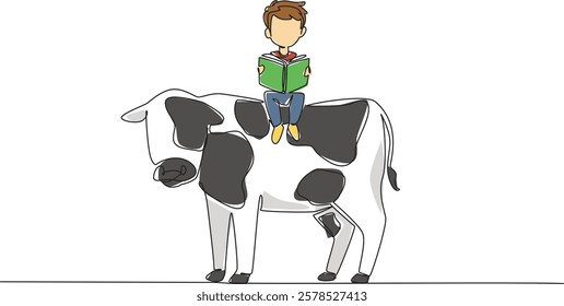 Continuous one line drawing boy reading book on cute cow. Learning the tastiest part of a cow. Deliciousness. The nerd. Boy Reading Book at Animal Back. Single line draw design vector illustration