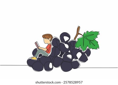 Continuous one line drawing boy reading on a pile of grapes. Find out properties of grapes based on their color. Boy Reading Book at Vegetables and Fruits. Single line draw design vector illustration