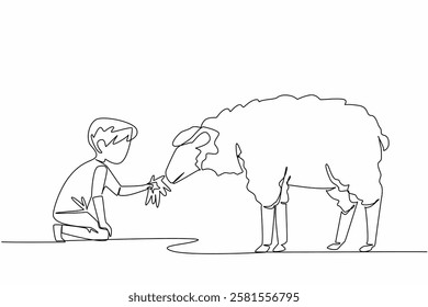 Continuous one line drawing boy holds a handful of grass in his hand and gives it to the sheep. The best food for the best wool. National Open Farm Day. Single line draw design vector illustration