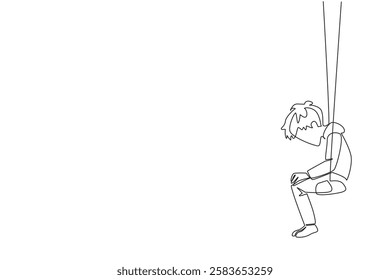 Continuous one line drawing boy sitting hunched over on a swing. His abilities make him friendless. Very lonely. Alone. Childhood Depression Awareness Day. Single line draw design vector illustration