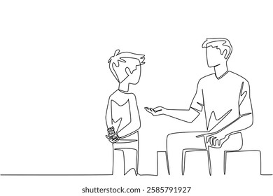 Continuous one line drawing boy holding cupcake behind back and wants to give it to father. Giving a little surprise. National Give Someone a Cupcake Day. Single line draw design vector illustration