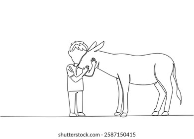 Continuous one line drawing boy hugging donkey. Loving pets. Little shepherd. Care with care. Establishing bonds of friendship. Friendly. World Donkey Day. Single line draw design vector illustration