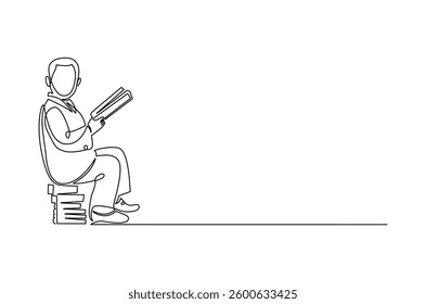 Continuous one line drawing of boy reading a book. Single line drawing illustration boy studying. World children book day concept vector art. Doodle line illustration.
