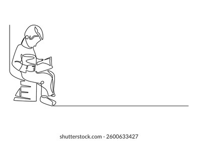 Continuous one line drawing of boy reading a book. Single line drawing illustration boy studying. World children book day concept vector art. Doodle line illustration.
