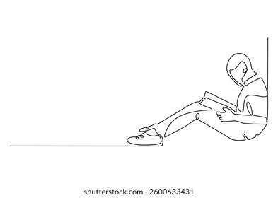 Continuous one line drawing of boy reading a book. Single line drawing illustration boy studying. World children book day concept vector art. Doodle line illustration.

