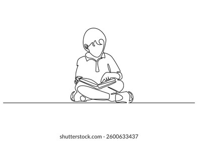 Continuous one line drawing of boy reading a book. Single line drawing illustration boy studying. World children book day concept vector art. Doodle line illustration.
